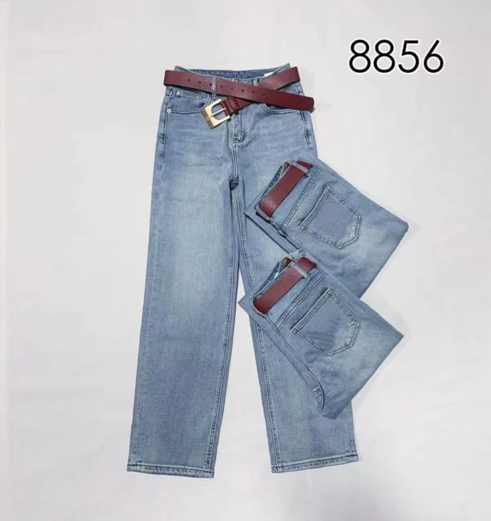 【锦衣服饰】8856百搭高腰刺绣字母浅蓝色窄版直筒裤