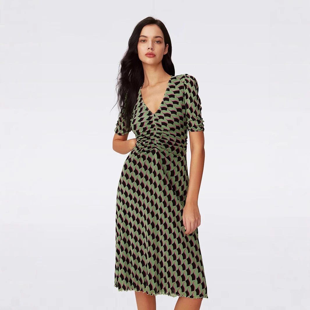 PGDVF双面穿早春新款浅草绿印花弹力网纱茶歇裙夏季连衣裙裙子