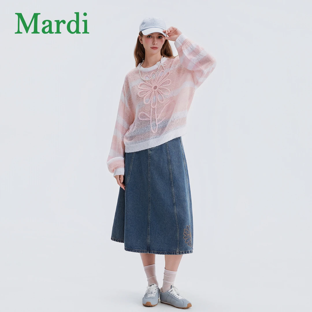 Mardi甜美风圆领条纹秋季薄款毛针织衫显瘦中长款丁达尔风宽松