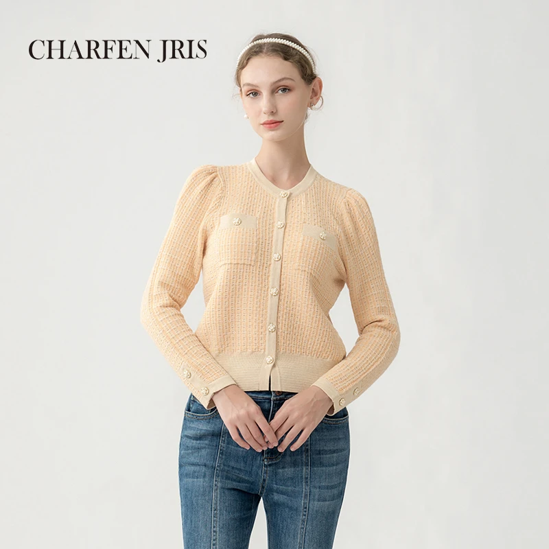 【媛媛专享】朝峰冬季简约圆领小香感毛织开衫上衣FJE5D653-6069C