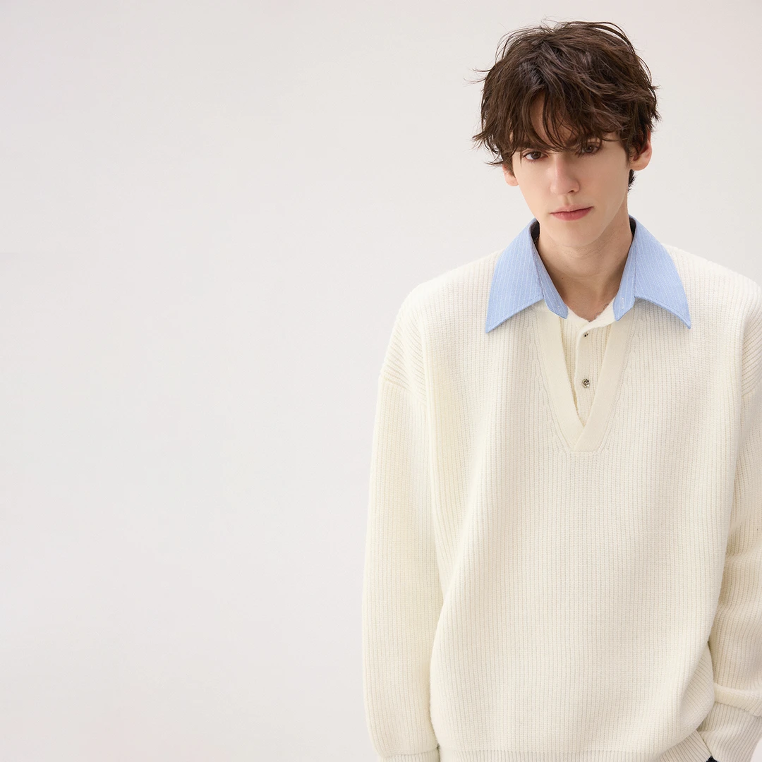 CHICERRO西西里男装高级假两件V型翻领毛衣休闲百搭情侣宽松秋冬