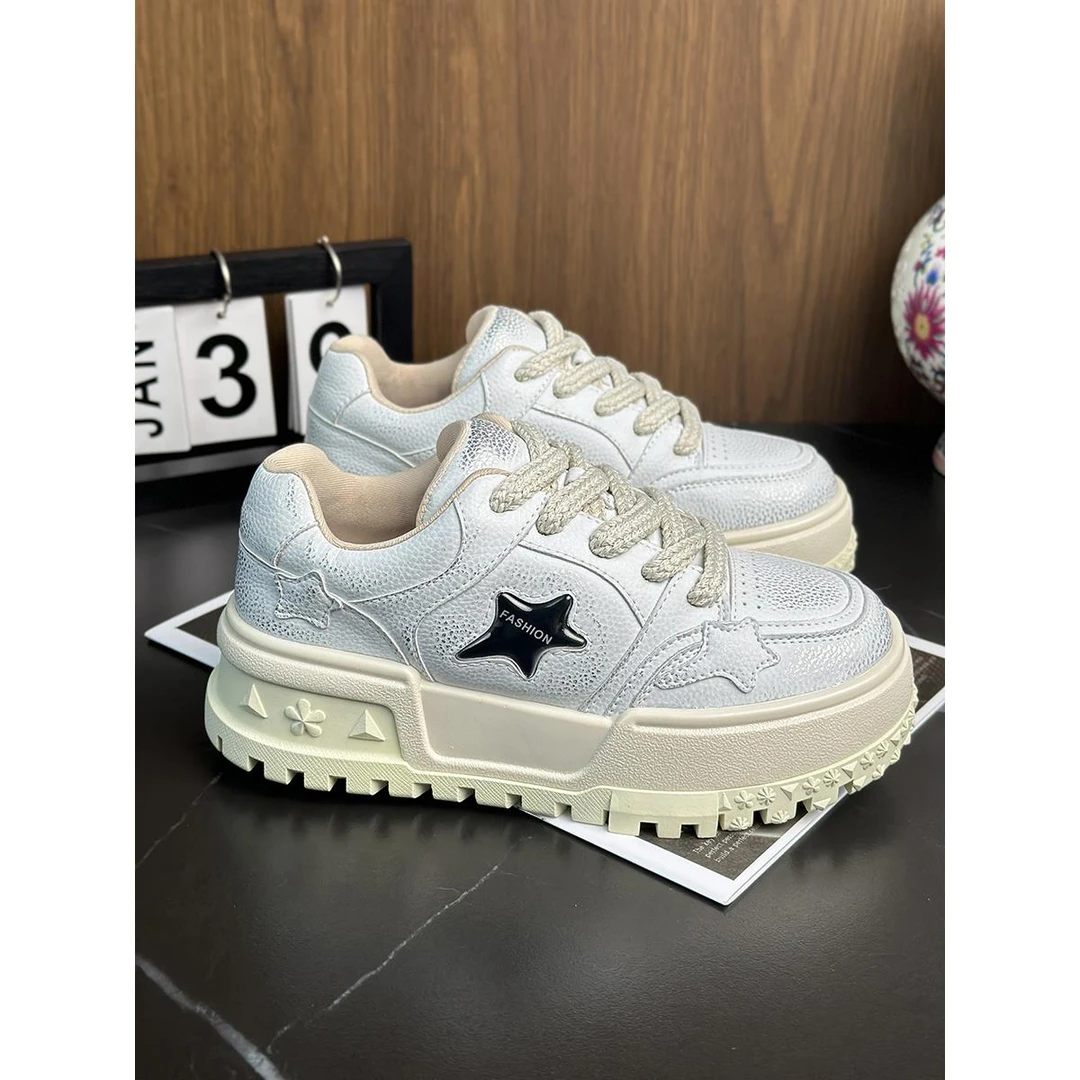 秋季设厚底增高真皮小白鞋女做旧脏脏星星板鞋2025春季新款休闲鞋