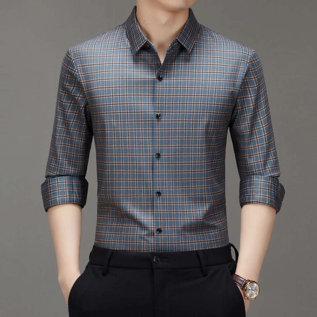 高档轻奢长袖衬衫2025春秋新品格子男士衬衣中年装修身衫男春季