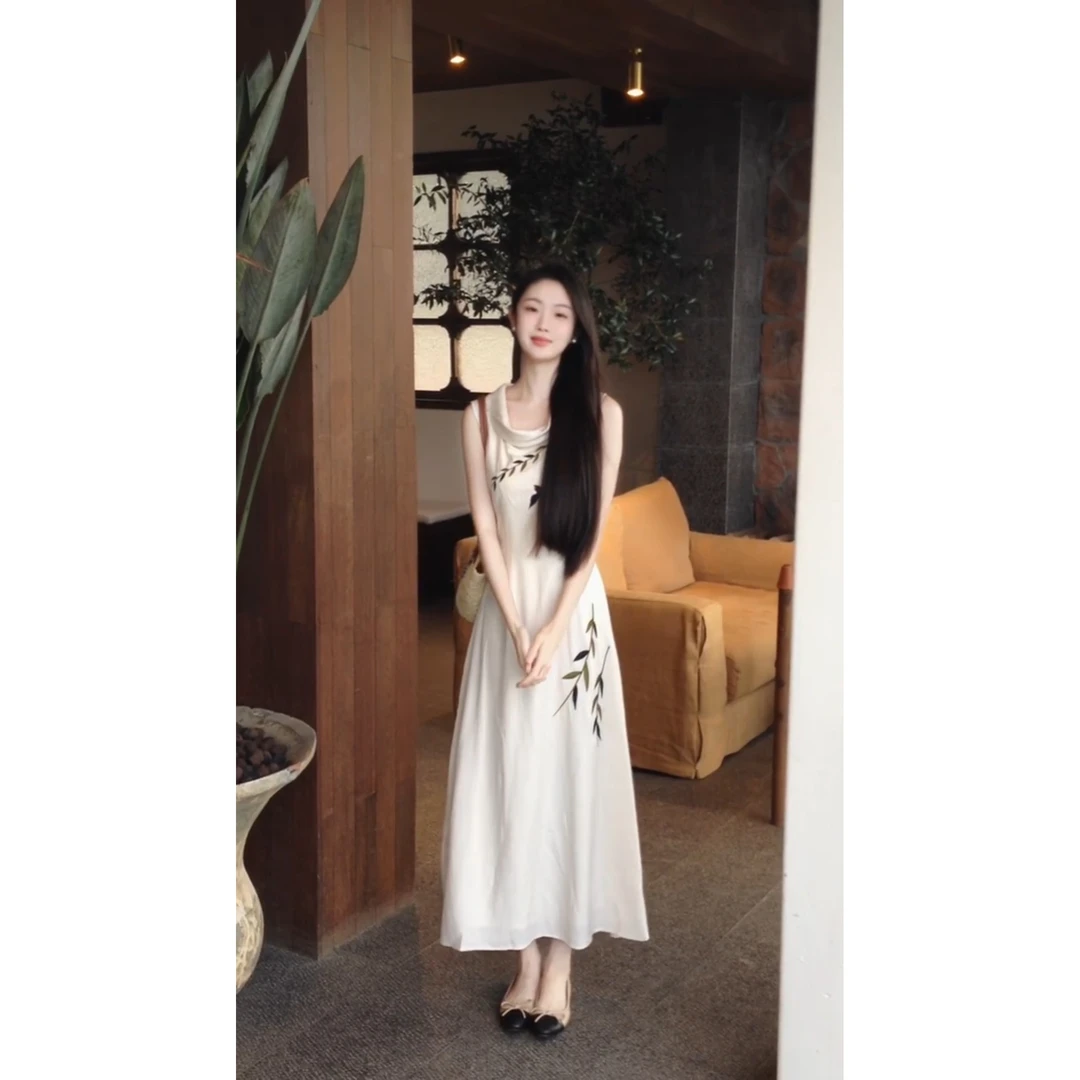 时尚简约复古印花修身设计感荡领无袖中长款背心连衣裙女2025夏季