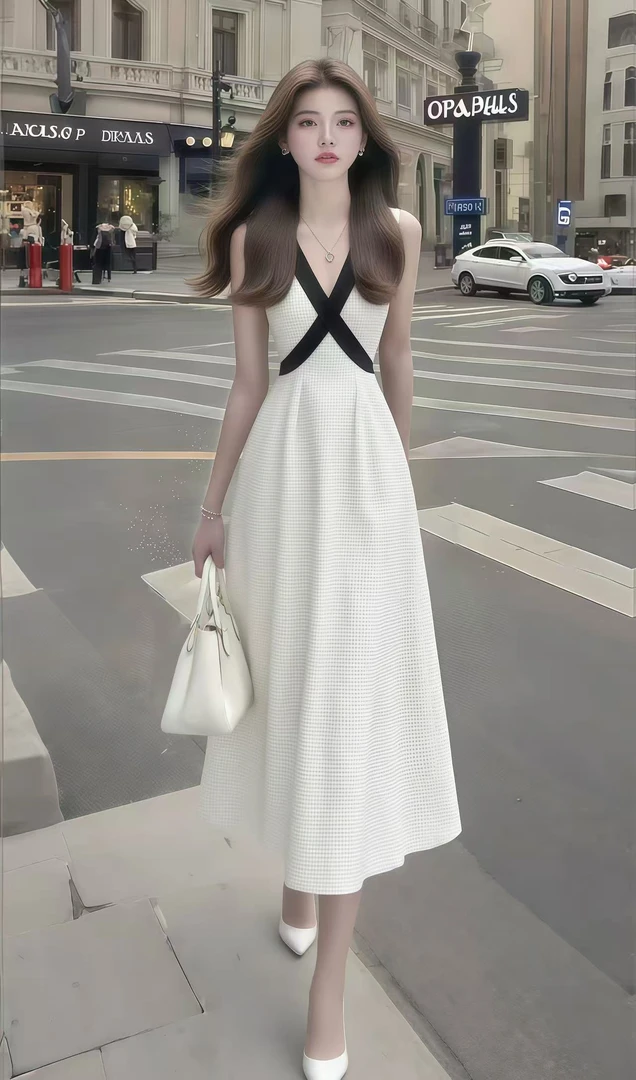 法式轻奢高端大气白色格子V领无袖修身收腰长裙连衣裙女时尚女装