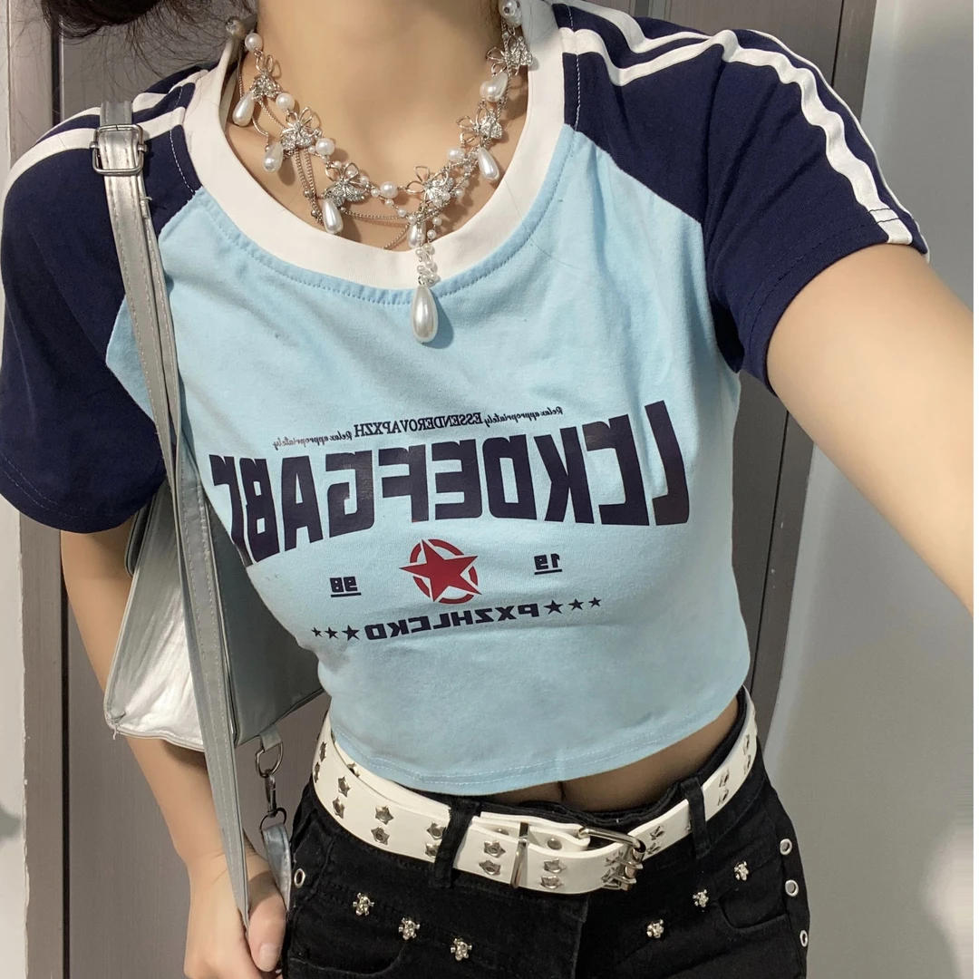 【拾玖】新款插肩色圆领短袖辣妹风三条杠短款上衣T恤女学生内搭夏