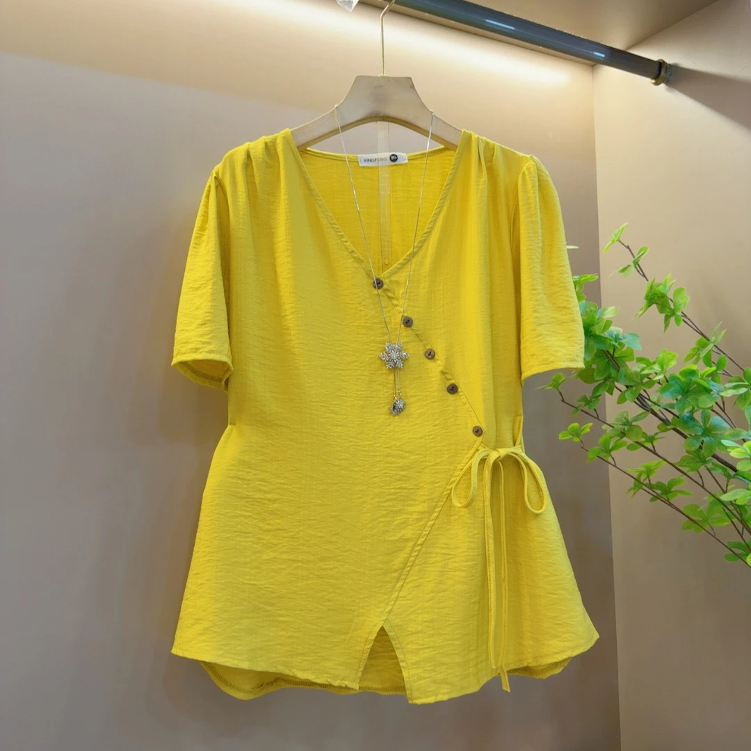 时尚百搭减龄气质宽松系绳V领休闲洋气短袖上衣（衣长66左右）
