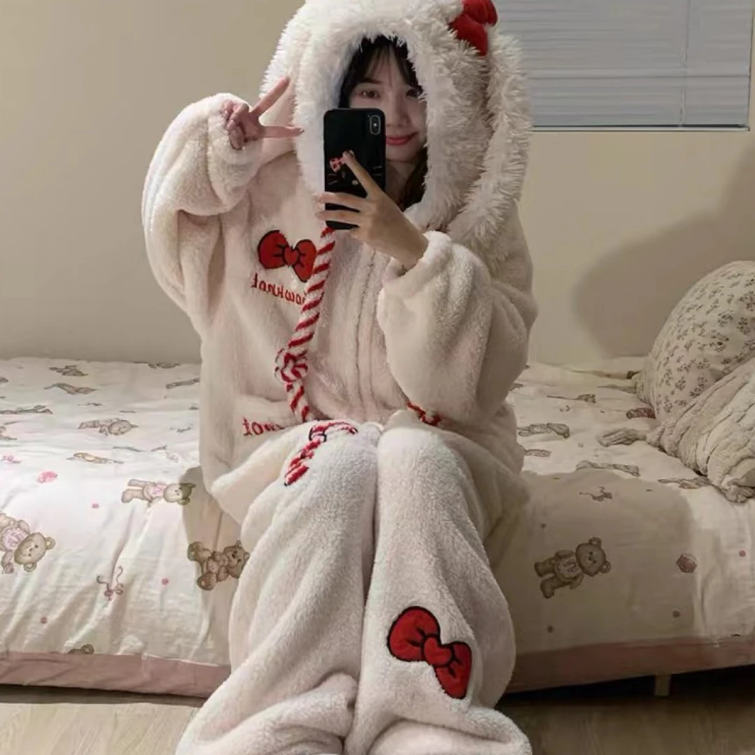 可爱兔子连体珊瑚绒睡衣女冬季加绒加厚蝴蝶结家居服毛绒睡袍冬款