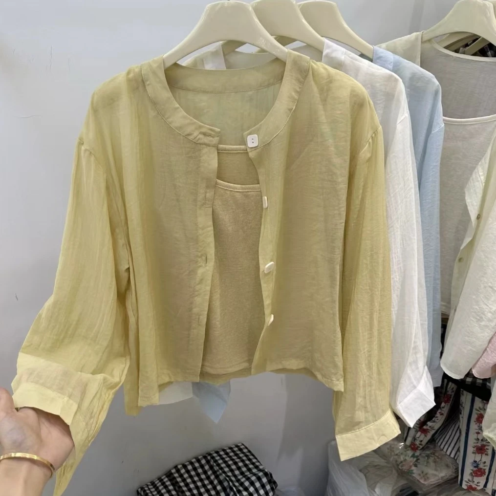 娟儿家韩系简约圆领单排扣防晒衬衫＋吊带背心两件套2025夏季新款