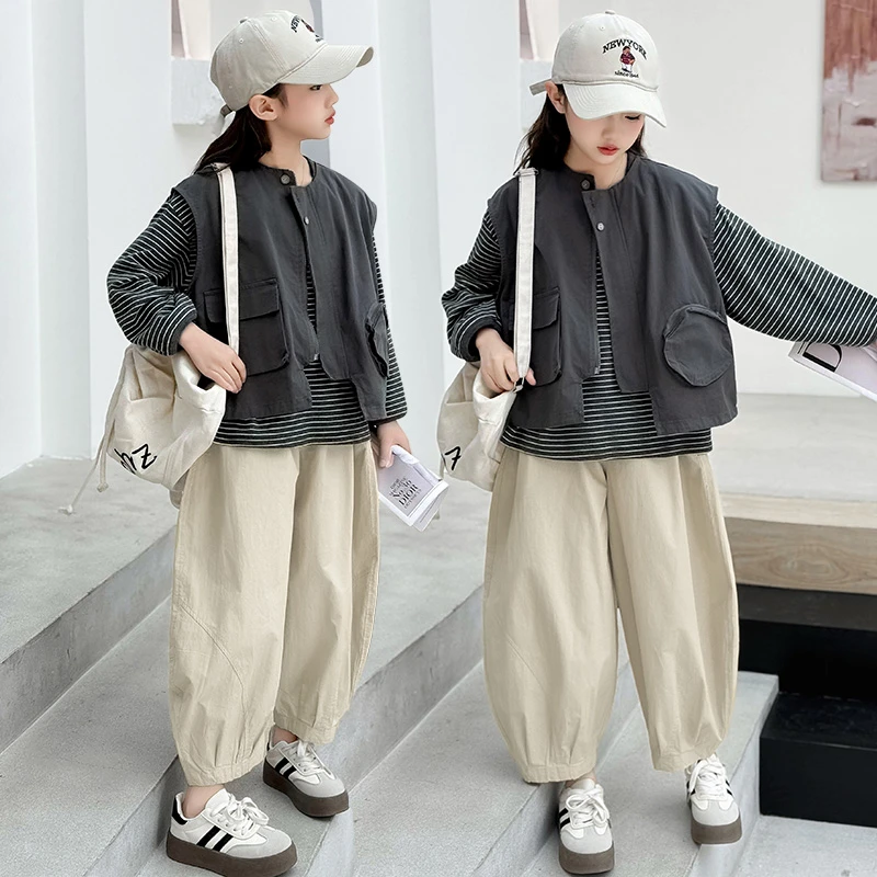 女童春装套装2025新款中大童儿童6-12岁休闲百搭韩版马甲三件套潮