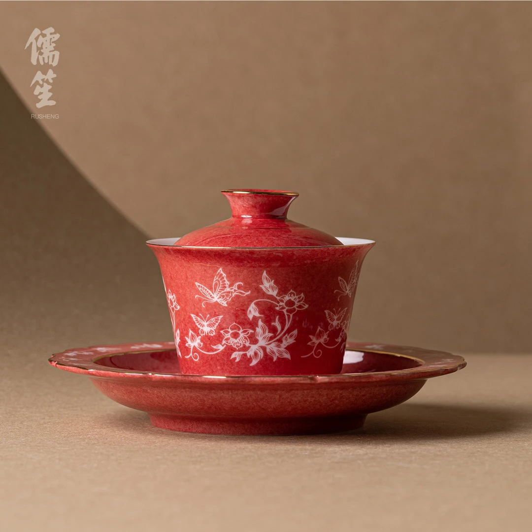 儒笙蝶恋花三才盖碗家用陶瓷功夫茶具泡茶专用茶碗中式高端不烫手