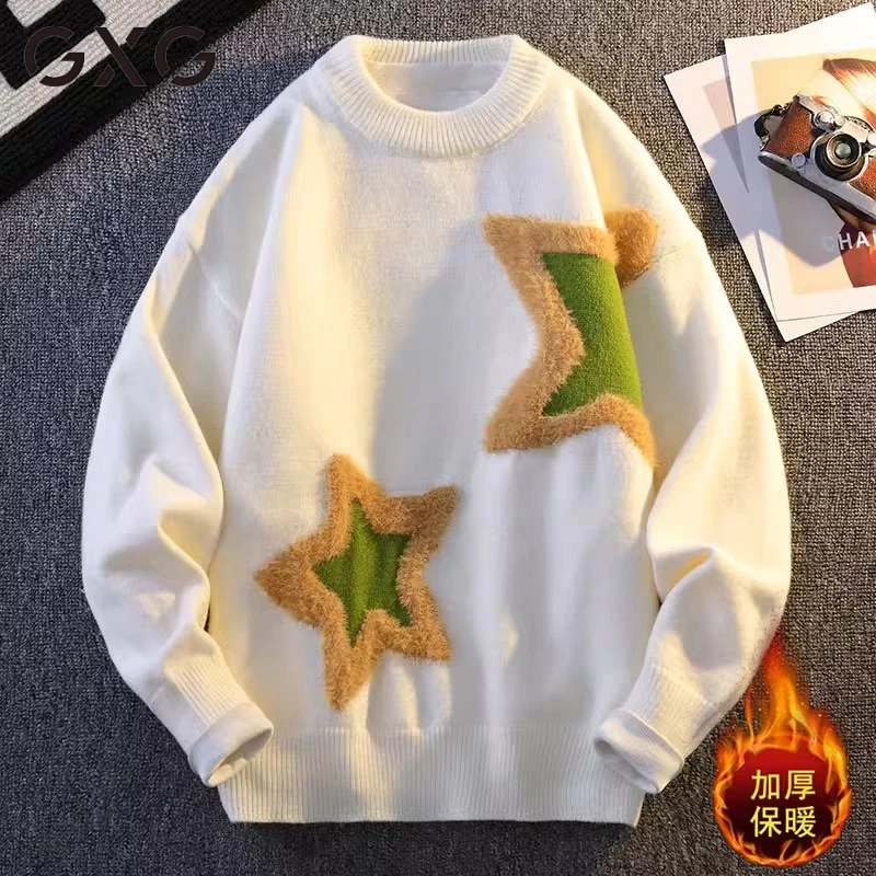 GXG2024情侣高端针织衫毛衣加绒保暖休闲时尚潮流百搭款圆领宽松