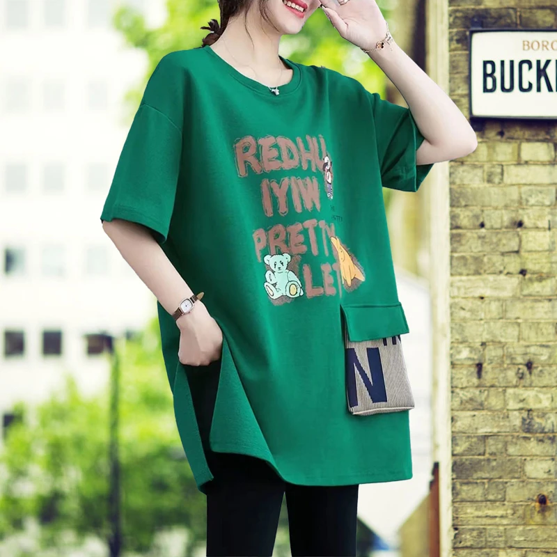 女士t恤纯棉中长款短袖夏季宽松口袋显瘦大码胖MM时尚跳舞上衣潮