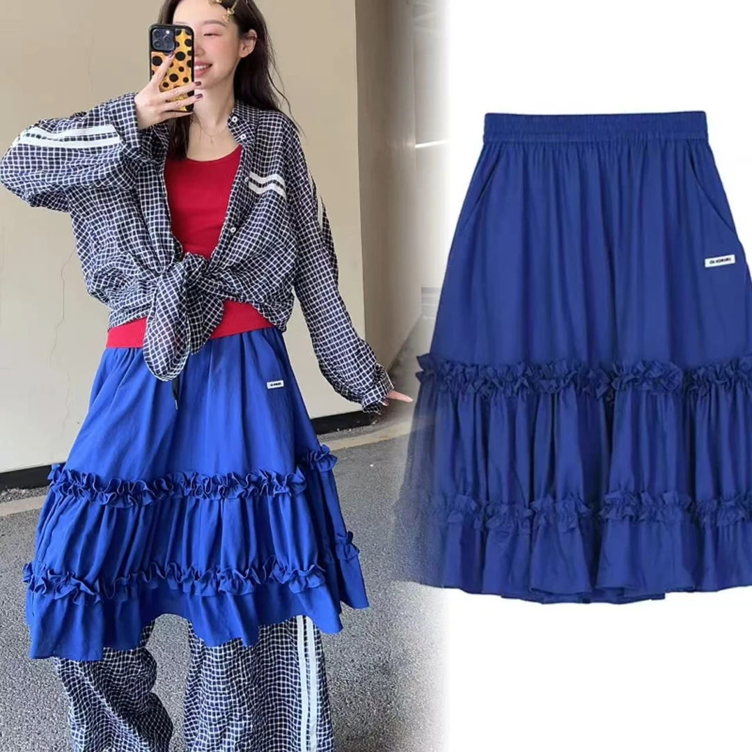 【OI蓝色木耳边伞裙】2025夏高腰显瘦松紧腰口袋大摆A字裙短裙