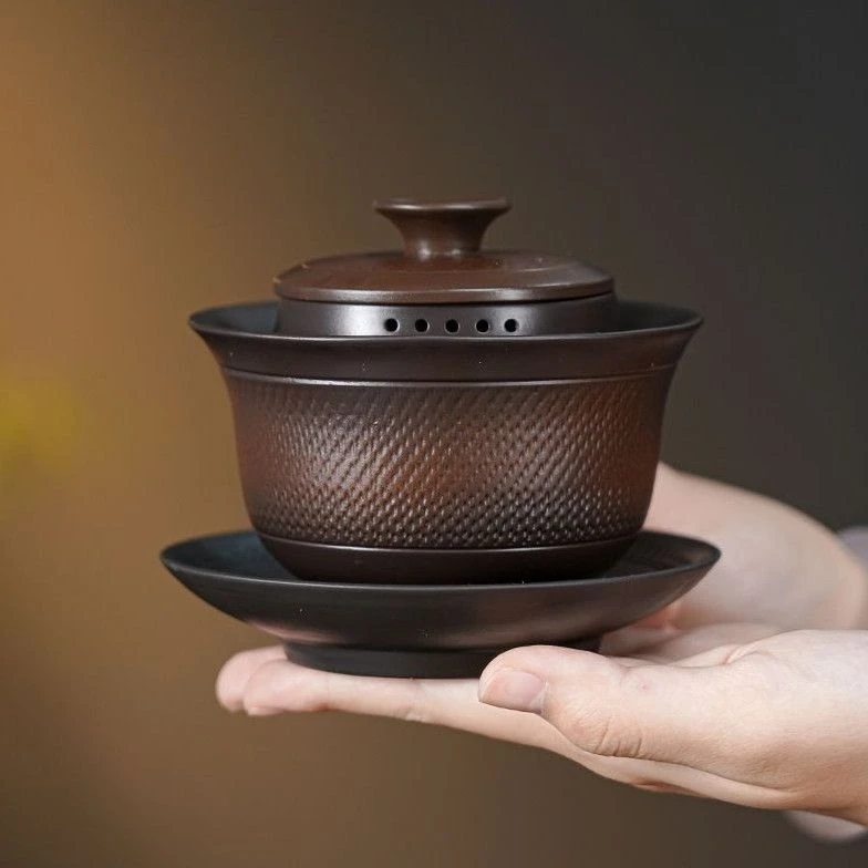 原矿手工复古紫陶跳刀纹三才盖碗大容量防烫家用办公单个泡茶碗