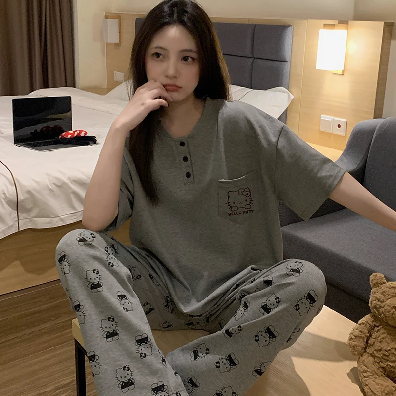 100%纯棉睡衣女春夏季短袖长裤网红款宽松夏天卡通薄款家居服套装