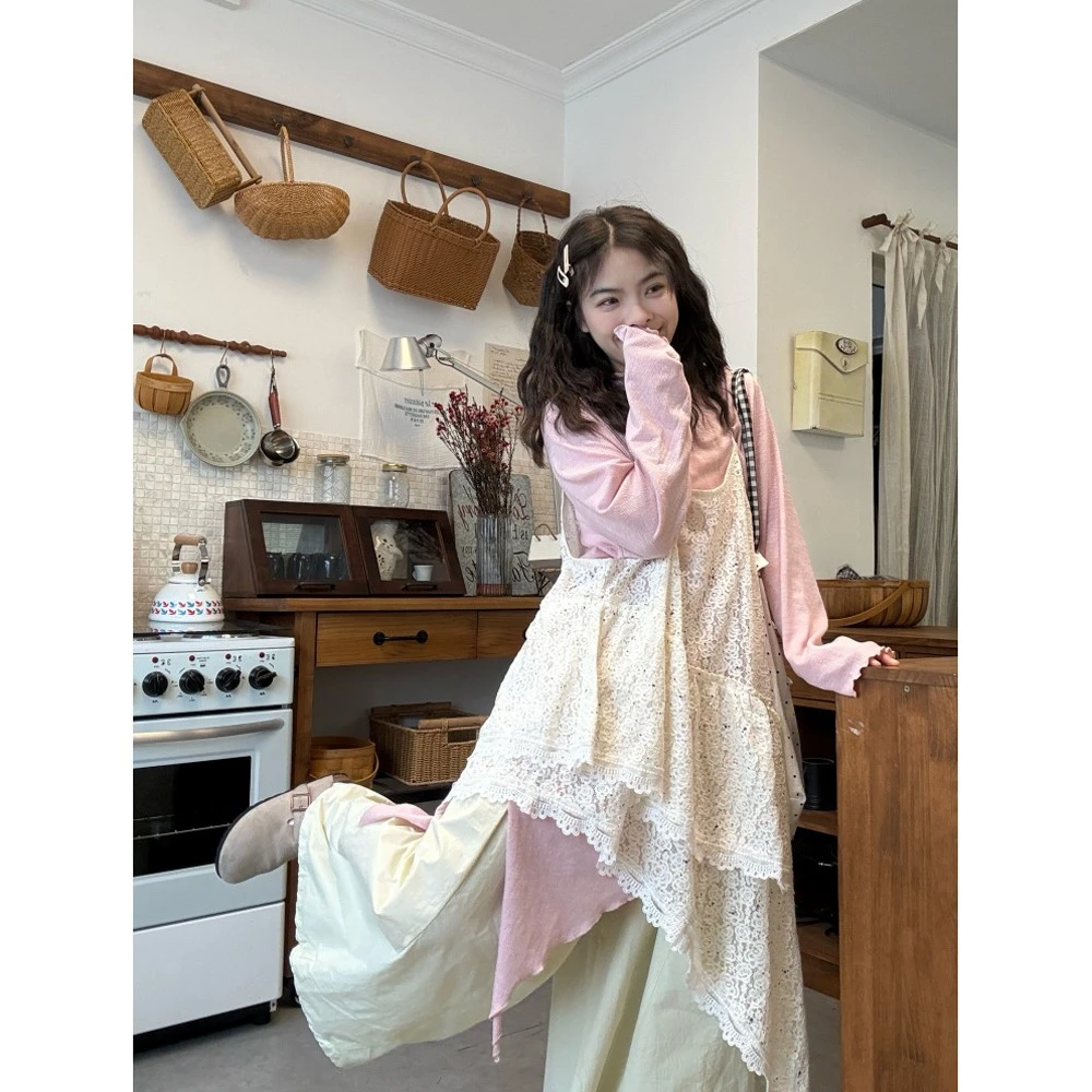 她他百伦不规则下摆打底衫长袖T恤蕾丝吊带连衣裙女2025春季新款