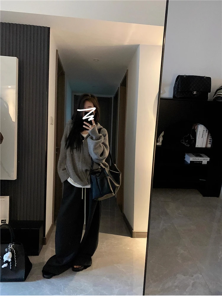 韩系连帽拉链针织外套女秋季新款内搭慵懒高级感短款毛衣小个子