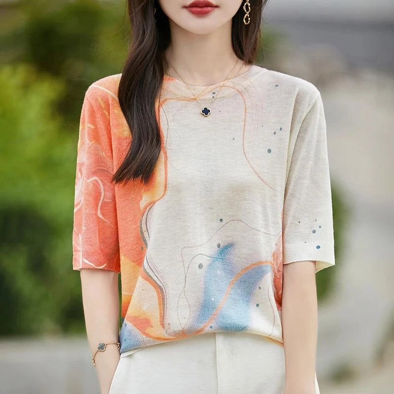 精纺超细水溶性羊毛短袖水墨画中袖上衣女新款爆款宽松T恤打底衫