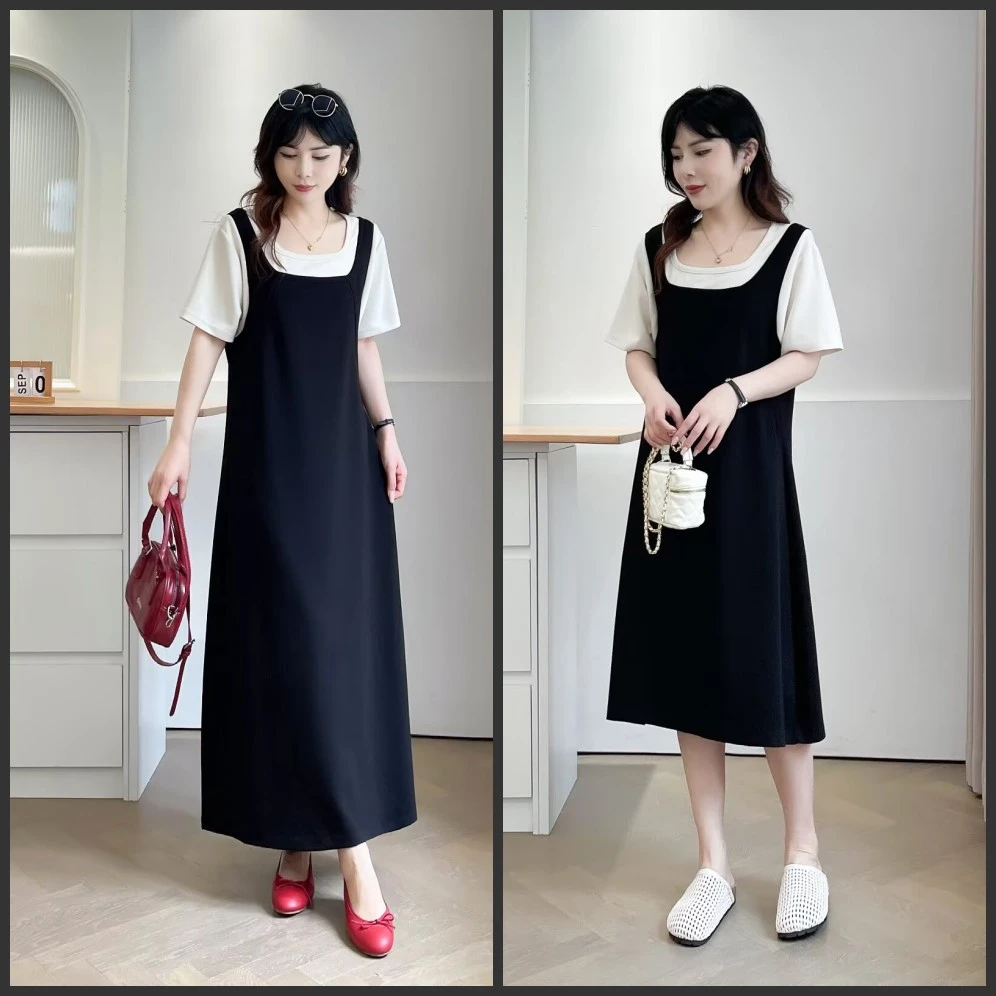 【琦琦】110-200斤大码女装夏季拼色假两件休闲连衣裙中长款裙子