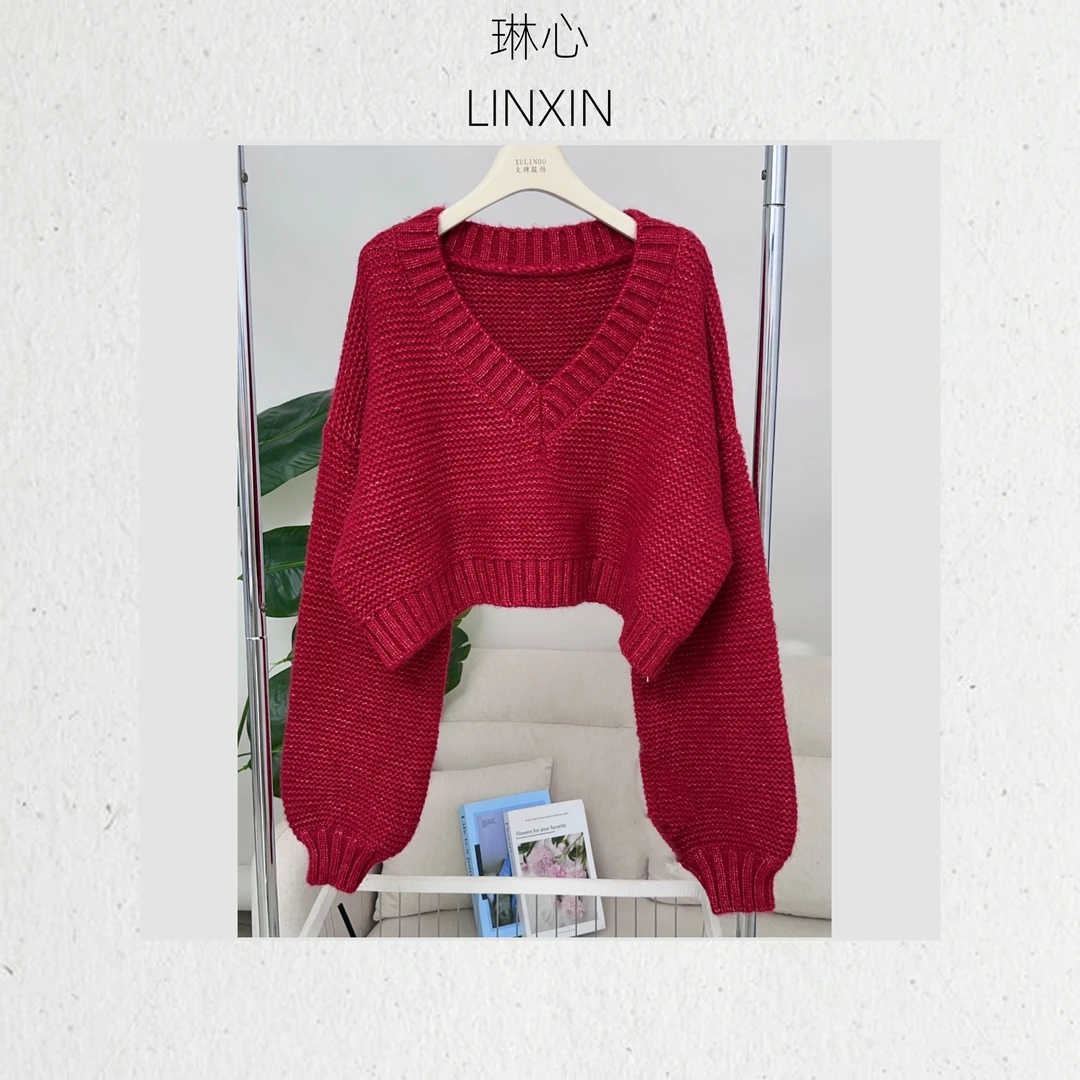 秋冬气质百搭时尚宽松正红色v领短款套头针织衫4006