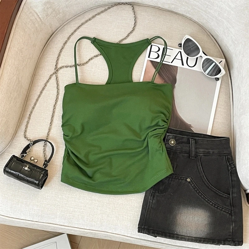纯欲风辣妹抹胸背心女夏季款显白绿色小吊带外穿胸垫一体无袖上衣
