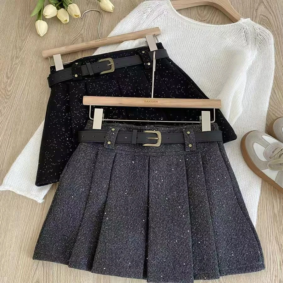 亮片毛呢高腰显瘦半身裙女秋冬韩版百搭显瘦防走光a字百褶短裙子