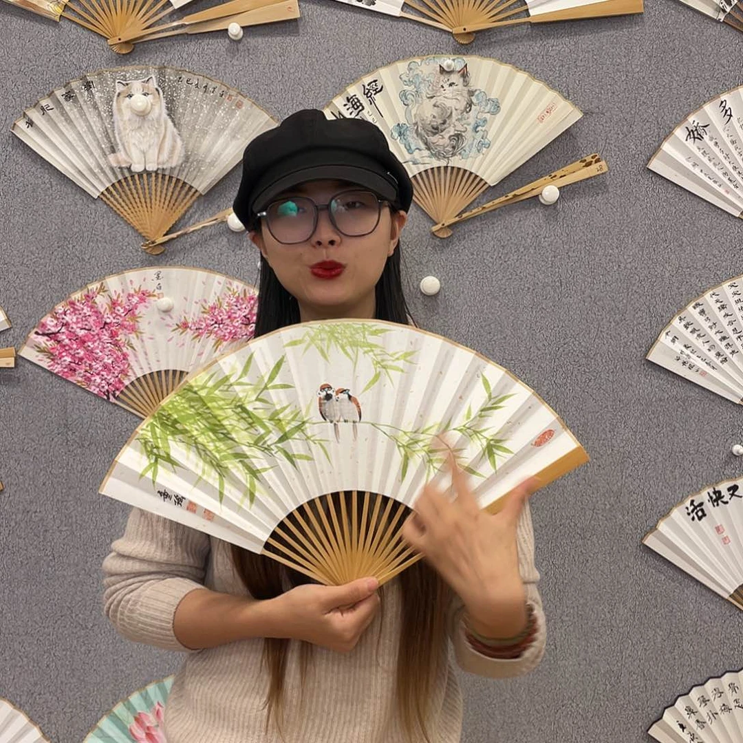 书法95寸玉竹-纯手绘-文玩扇骨（默认粘好）