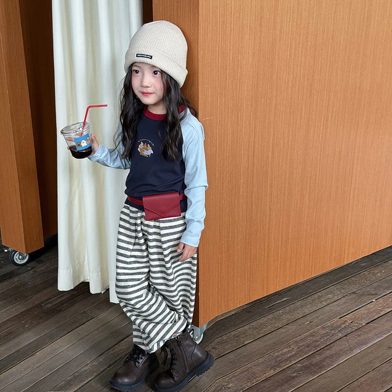 【秋季新品】儿童拼色打底衫女童撞色高弹棉罗纹插肩辣妹T恤25F019