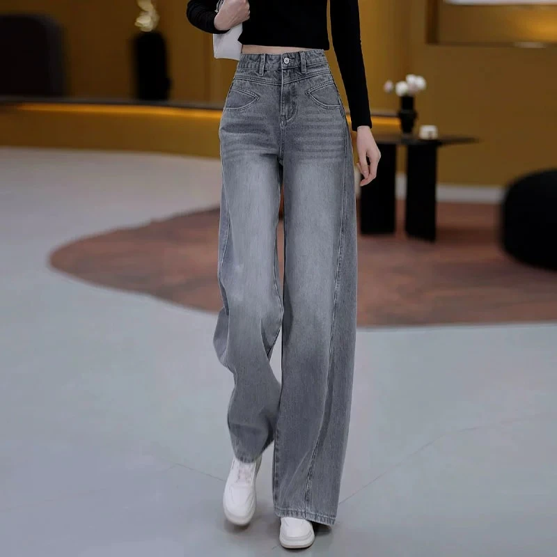 烟灰色阔腿牛仔女裤春秋季2025新款高腰显瘦宽松窄版复古直筒裤子