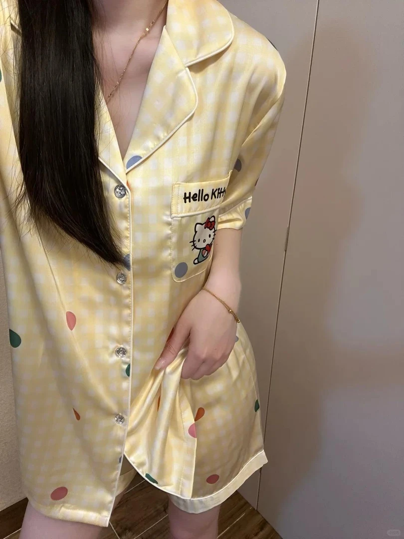 【HelloKitty甜美印花】卡通短袖冰丝睡衣女新款夏季新款家居服套装