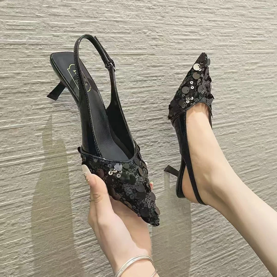 银色高跟鞋女细跟2025新款春季法式气质性感御姐浅口尖头单鞋亮片