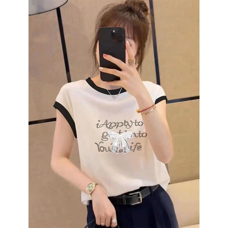 2025新款飞飞袖正肩撞色圆领短袖t恤女设计感时尚百搭上衣夏季潮