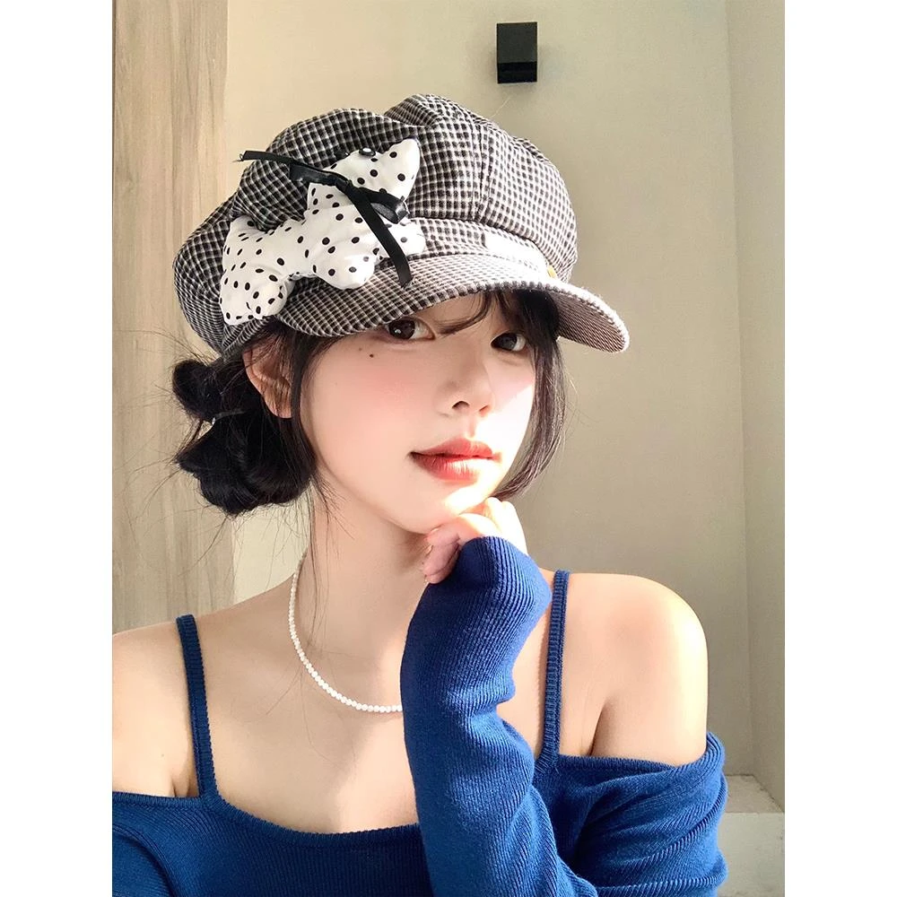 可爱波点小狗格纹贝雷帽女春夏季薄款显脸小八角帽大头围画家帽子
