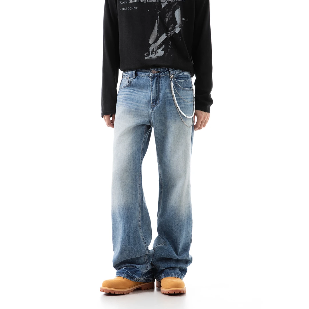 潮街区美式复古做旧水洗猫须微喇牛仔裤男款直筒显瘦cleanfit裤子