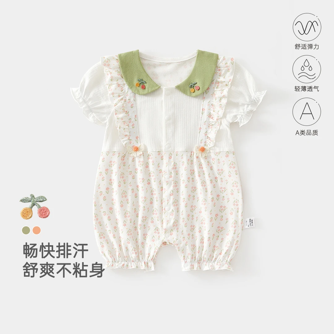 婴儿夏季连体衣薄款纯棉a类女宝宝短袖公主碎花爬服跨境外出衣服