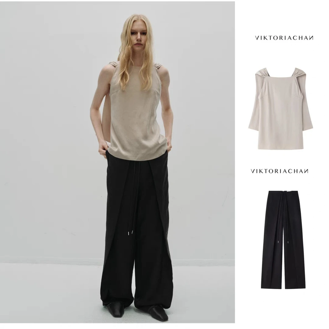 VIKTORIACHAN   25PF早秋新品 抽绳松紧腰微透亚麻休闲长裤/背心