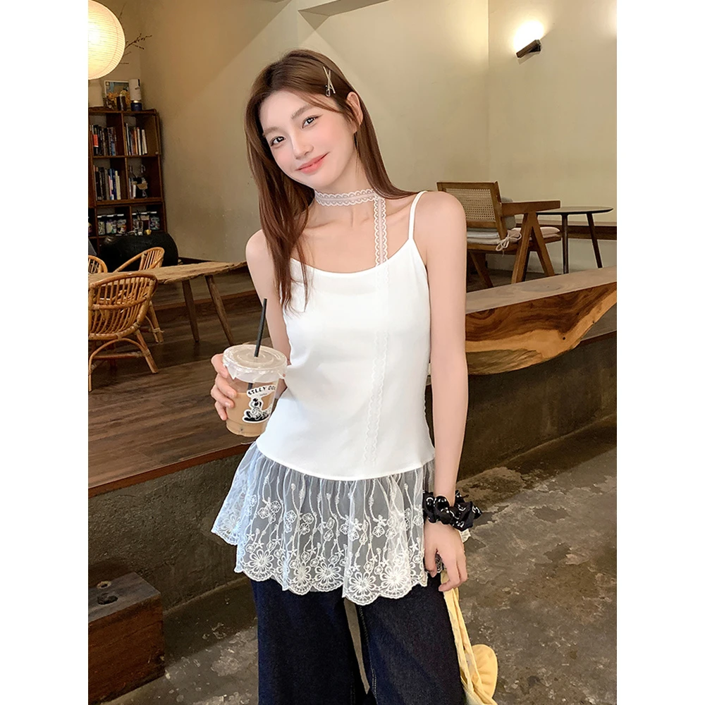 夏季2025新款白色蕾丝吊带女甜辣风背心修身气质内搭打底无袖上衣