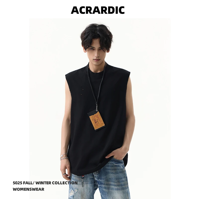 ACRARDIC潮牌纯色破洞设计感坎肩背心男美式痞帅百搭宽松无袖T恤