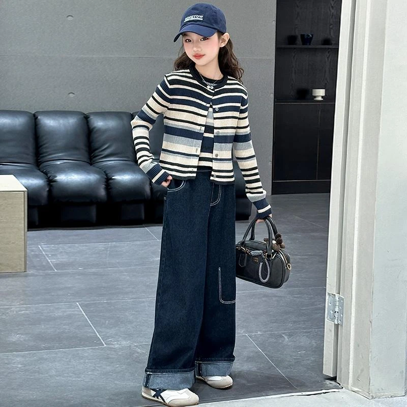 女童春季套装2025新款儿童花边T恤叠穿吊带韩系打底衫阔腿牛仔裤