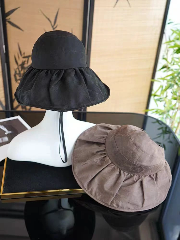 宫丽新款香云纱桑蚕丝真丝防晒遮阳帽子檐宽13cm可折叠旅行新中式