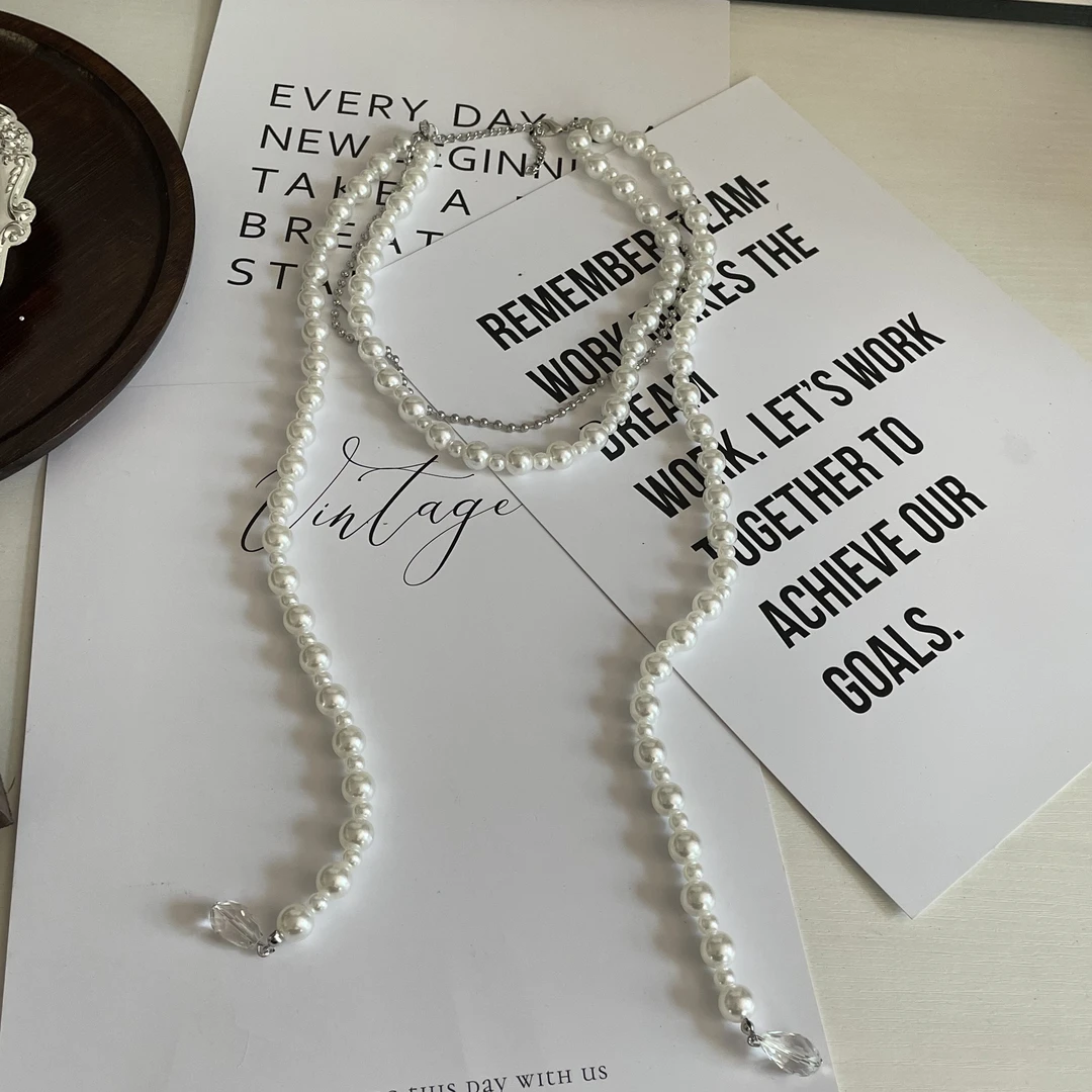 非金属仿珍珠项链 2512多层叠戴仿珍珠项链高级感长款毛衣链配饰