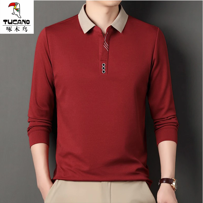 TUCANO/啄木鳥polo衫男长袖纯色翻领新款爸爸装中老年男装打底衫