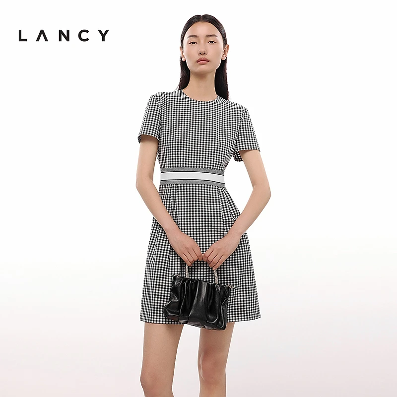 LANCY/朗姿2025夏季新款黑白格纹网格时尚收腰显瘦A字连衣裙女
