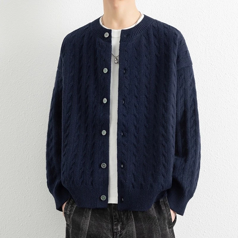 绞花纹开衫毛衣男秋季新款宽松慵懒风圆领针织衫外套男士休闲夹克