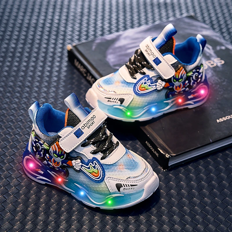 儿童鞋子亮灯春秋新款中小童网面透气运动鞋男童软底小跑网鞋防滑