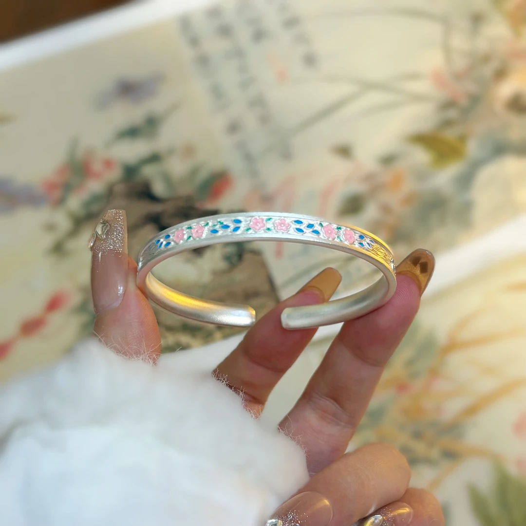 足银手镯 【小兰花】珐琅彩开口实心国风足银999.9手镯可调节镯子