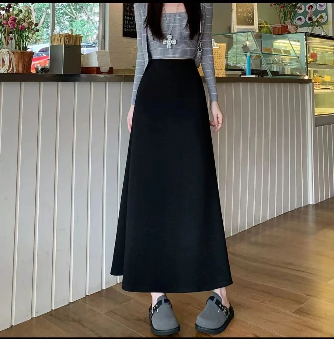 沐!冬季加厚毛呢高腰A字半身裙长款侧拉链鱼尾显瘦百搭裙子