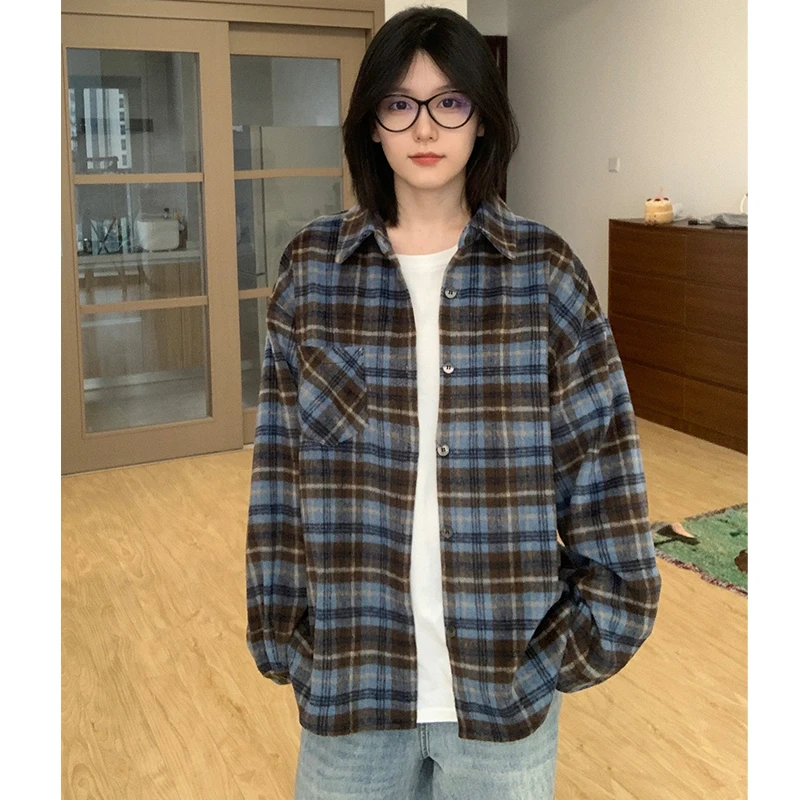 秋季新款格子衬衫长袖磨毛厚款外套男女同款高级感男装上衣外穿