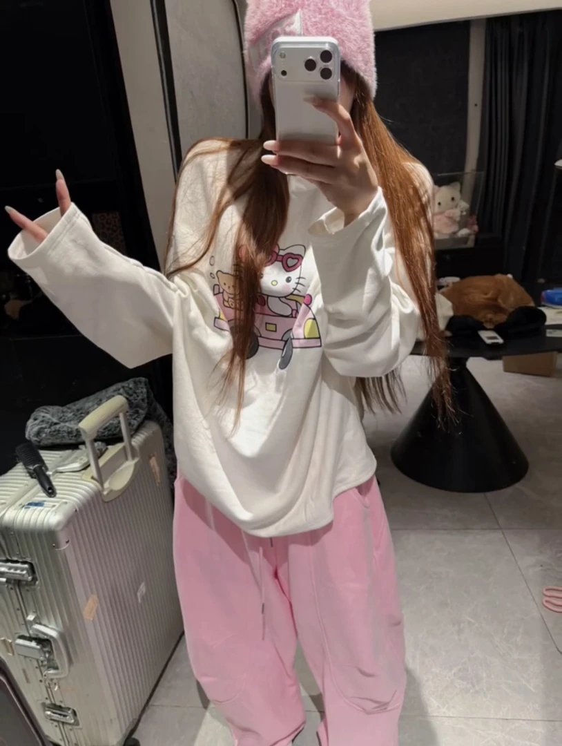 纯棉卡通kitty印花长袖T恤女宽松慵懒风休闲卫衣上衣